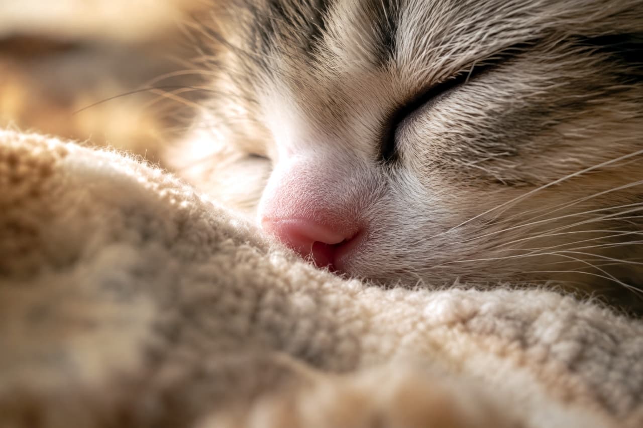 「鼻、ブランケットに押し付けてる🐽 温かくて、安心してるんだね🐈✨ 幸せな寝顔🐾」Ultra-realistic high-quality close-up photograph of a brown tabby and white mixed kitten sleeping on its back, pressing its tiny pink nose against the pile of a fluffy white boa blanket. Warm natural light illuminates its face, describing in detail its soft silver gray and white fur, part of its closed eye, and the texture of its nose sinking into the fabric. A quiet and intimate mood. もこもこの白いボアブランケットの上で、仰向けになってピンク色の小さな鼻をブランケットの毛足に押し付けて眠るキジトラ白の子猫の超アップ写真。温かい自然光が顔を照らし、シルバーグレーとホワイトの柔らかな被毛、閉じられた目の一部、そしてブランケットに沈み込む鼻の質感が詳細に描写されている。静かで親密な雰囲気