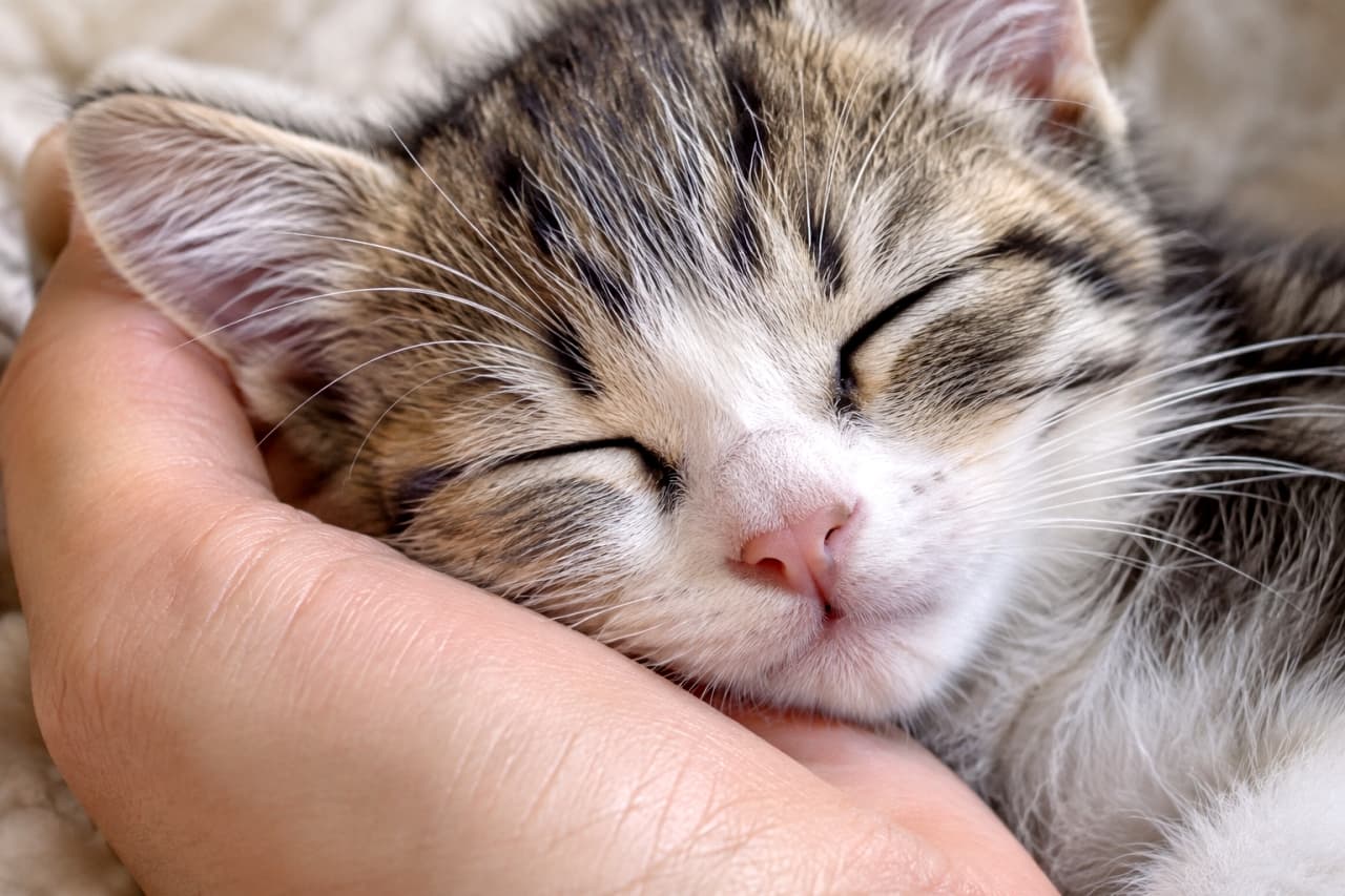 「温かい手のひらで安心しきってスヤスヤ💤 信頼関係が伝わってくる優しい世界にほっこりするね💖」Ultra-realistic high-quality close-up photograph of a sleeping brown tabby and white kitten's face resting gently on a human hand. The delicate whiskers, soft fur, and peaceful sleeping expression are captured alongside the warmth of human skin. 人間の温かい手のひらにすっぽりと顔を預けて眠る、キジトラ白の子猫の超リアルなアップ写真。細いヒゲや柔らかな被毛のディテール、深い安心感からくる穏やかな寝顔が、肌の温もりとともに表現されている