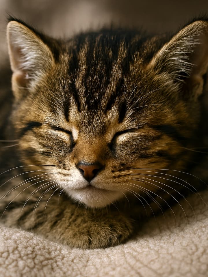 Tabby kitten sleeping on beige blanket, eyes closed, warm lighting enhances fur texture. ベージュの毛布の上で眠る子猫。暖かな光が毛並みを際立たせる