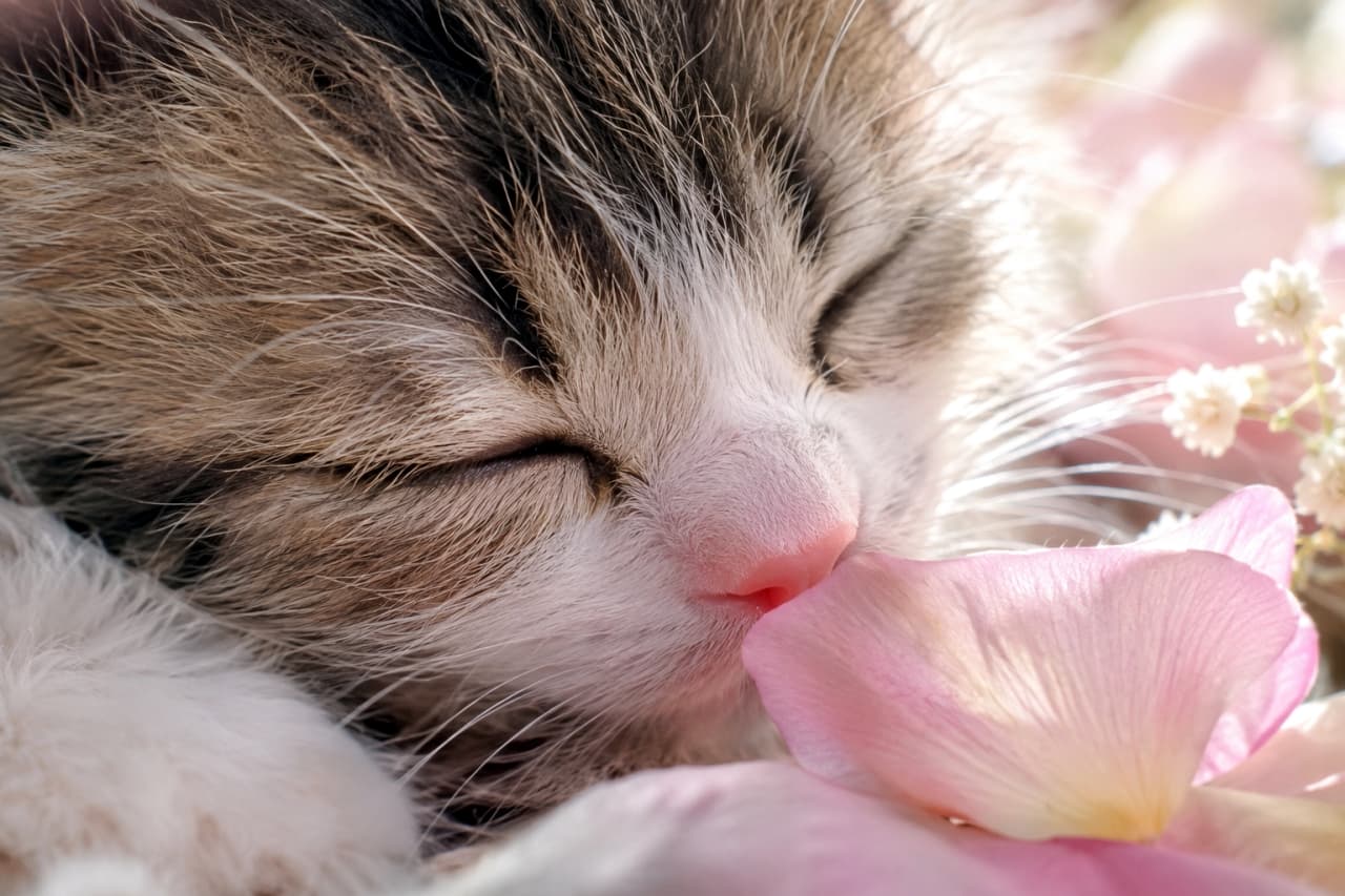 「優しいお花の香りに包まれて夢の中へ🌸 ピンクの花びらとお鼻の組み合わせが最高にメルヘン🐾✨」Photorealistic, ultra-realistic high-quality close-up of a sleeping brown tabby and white kitten gently touching a soft pink flower petal with its pink nose. Dreamy backlighting illuminates its fine fur, creating a peaceful and fantasy-like atmosphere. 柔らかなピンク色の花びらに、小さなピンクの鼻をそっと寄せて眠るキジトラ白の子猫。逆光気味のドリーミーな光が被毛を輝かせ、おとぎ話のワンシーンのような幻想的で平和な雰囲気を醸し出している