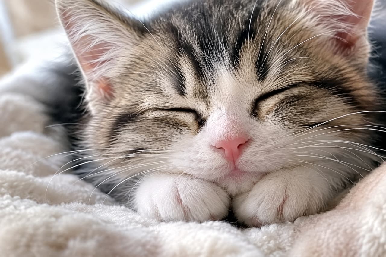 「おててを顎の下にピシッと揃えてお行儀よくお昼寝中🐾 満ち足りた寝顔に心癒やされるね🐈✨」Ultra-realistic high-quality close-up photograph of a brown tabby and white kitten sleeping with both of its plump white paws neatly tucked under its chin on a fluffy white blanket. Its beautiful striped pattern and content expression are captured in high resolution. ふかふかの白い毛布の上で、ふっくらとした両前足を顎の下にきちんと揃えて眠るキジトラ白の子猫。美しいブラウンの縞模様と真っ白な口元のコントラスト、満ち足りた寝顔が高解像度で捉えられている