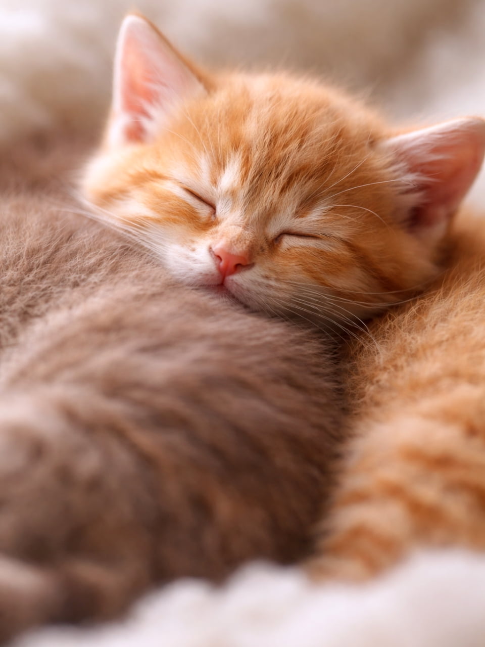 「仲間の背中にそっと頭をあずけて眠る子猫。ぬくもりを分け合うような距離感と、やわらかな毛並みが引き立つ穏やかなワンシーン🐾」Close-up of a sleeping orange kitten resting its head on another kitten’s back, with soft fur detail and warm, gentle lighting in a photorealistic style. 別の子猫の背中に頭をのせて眠る茶トラの子猫のクローズアップ。やわらかな毛並みと暖かい光が印象的なフォトリアルな描写