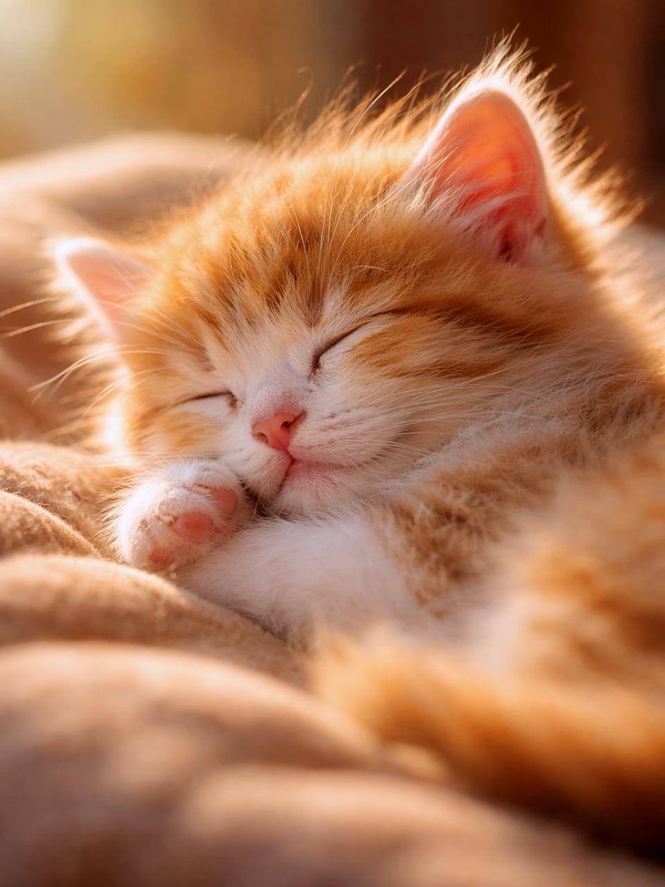 「やわらかな陽ざしに包まれて、すやすや眠る子猫。ふんわり光る毛並みと穏やかな寝顔が、心をそっとほどいてくれる一枚です🐾」Close-up of a sleeping orange-and-white kitten bathed in warm sunlight, its soft fur glowing as it rests peacefully on a cozy blanket. 暖かな日差しに包まれ、やわらかな毛並みが輝く中で静かに眠る茶白の子猫のクローズアップ