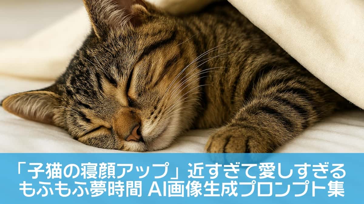 白いベッドの上でクリーム色の毛布に包まれ、顔も体も横倒しになって眠るタビー柄の子猫。前足を重ねたまま伸ばし、耳を立てたまま静かに目を閉じている