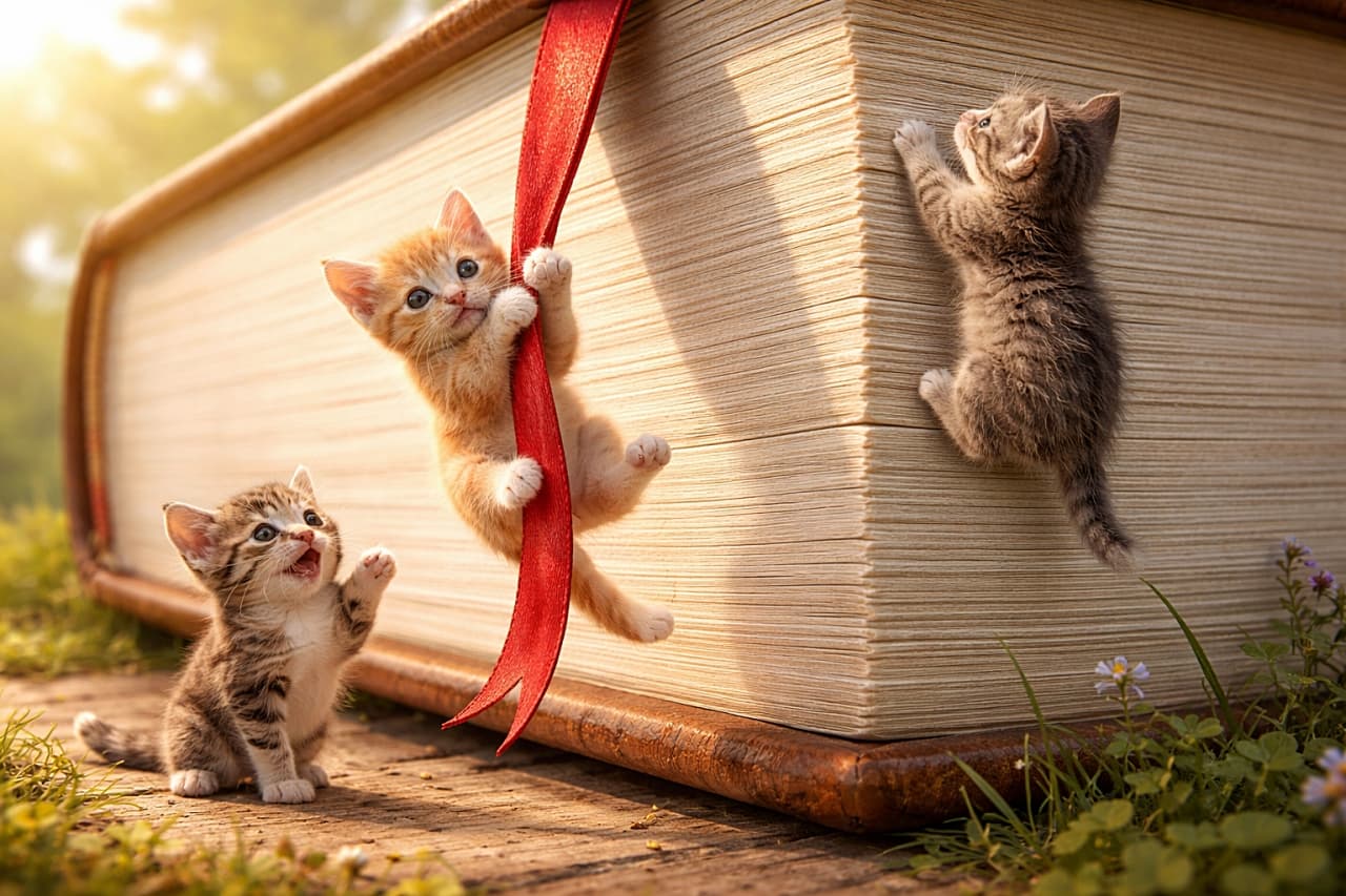 「巨大な本で大冒険！しおりは命綱だにゃ！」Three tiny kittens explore a giant book outdoors. One orange kitten hangs playfully from a red bookmark ribbon, another gray kitten climbs the side of the thick book, and a third tabby kitten cheers excitedly from the ground in warm morning light. 屋外に置かれた巨大な本を探検する3匹の小さな子猫。赤いしおりリボンにぶら下がる茶トラ、分厚い本の側面を登るグレーの子猫、地面から応援するキジトラの子猫が朝の光に包まれている