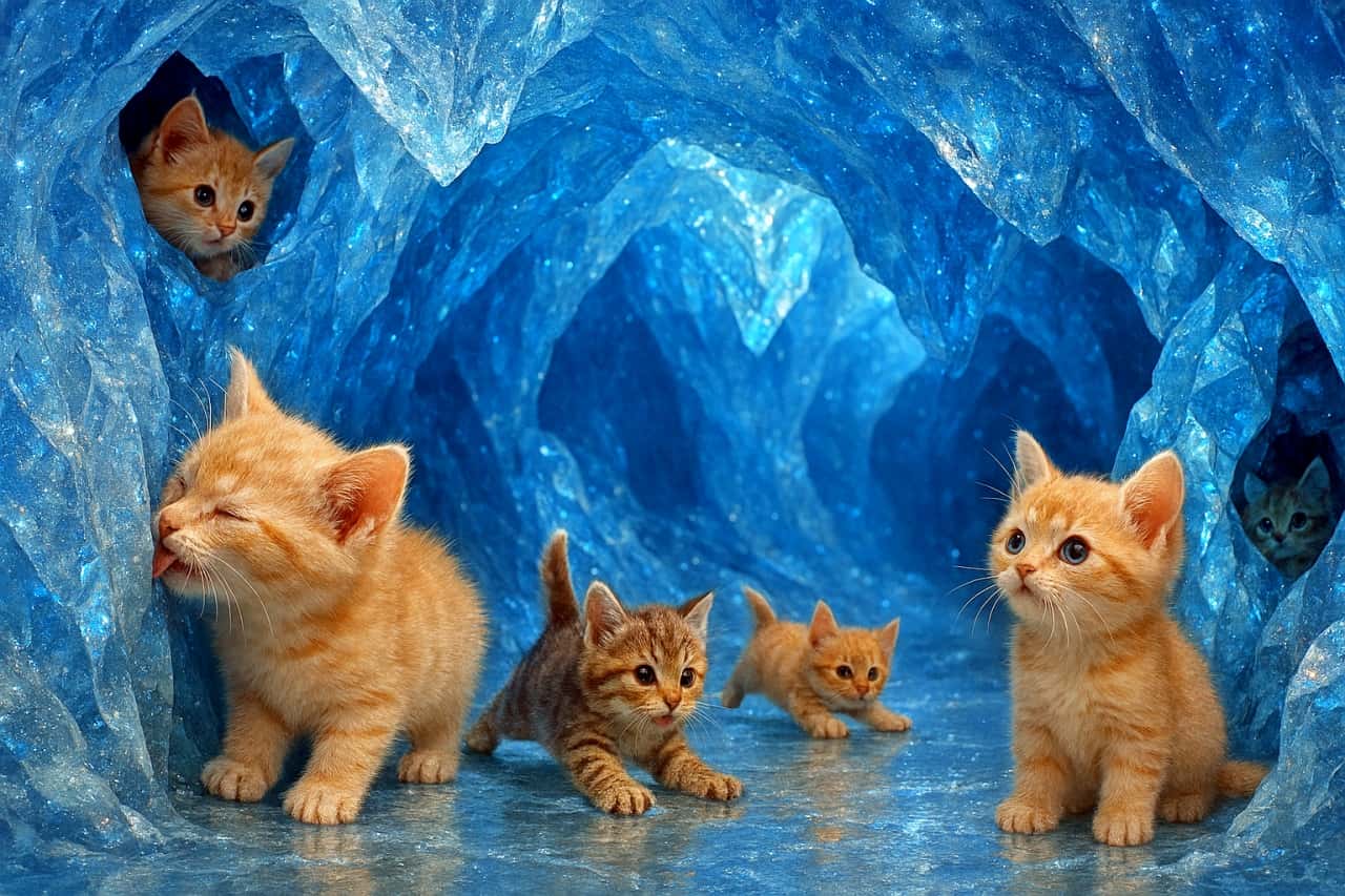 「氷の世界で大冒険！ちびっこ子猫たち、すべって、隠れて、ぺろりんちょ。キラキラ反射にうっとり中…❄️🐾」Photorealistic scene of five micro kittens exploring a sparkling ice cave: one licks the frozen wall, two slide on the icy floor, one hides in a crystal crevice, and another gazes at glowing reflections. きらめく氷の洞窟を探検する５匹のマイクロ子猫たち。１匹は凍った壁を舐め、２匹は氷の床を滑り、１匹はクリスタルの隙間に隠れ、もう１匹は輝く反射を見つめている