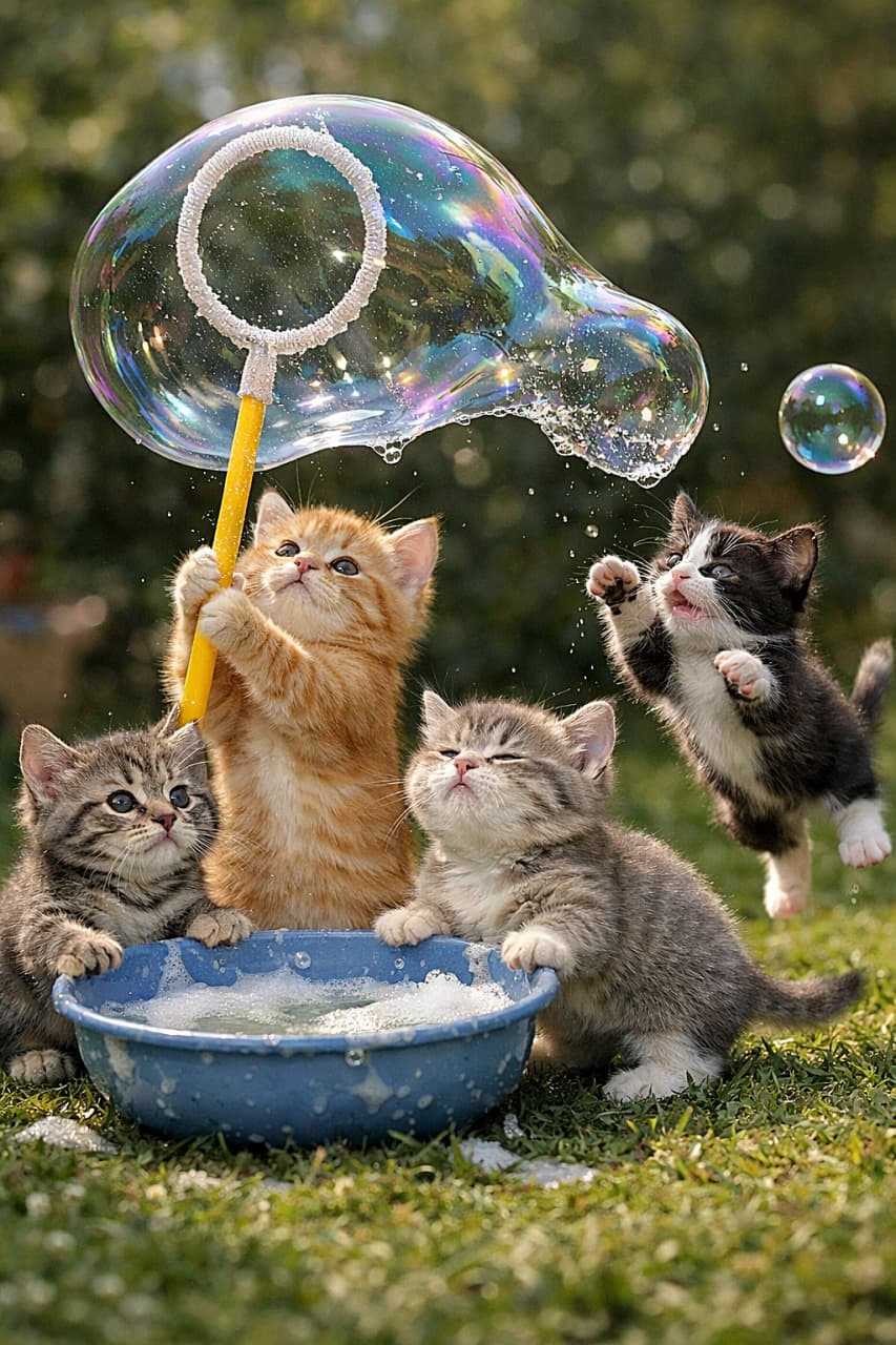 「みんなで力を合わせて、夢みたいなしゃぼん玉づくり🫧🐱✨」Five tiny kittens work together to create a giant soap bubble in a sunny garden, with one holding a bubble wand, others steadying a bowl of soapy water, and one kitten jumping to catch a floating bubble. 日差しの差し込む庭で、5匹の小さな子猫たちが協力して巨大なしゃぼん玉を作っている様子。1匹はバブルワンドを持ち、ほかの子たちは石けん液の入ったボウルを支え、1匹は飛び跳ねてしゃぼん玉を追いかけている