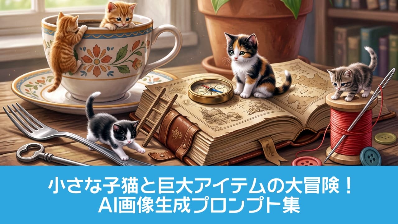 「🐾「ボクたちの小さな大冒険が始まるよ！」ティーカップや古書の世界に迷い込んだミニチュア子猫たちにメロメロ☕️✨ あなたはどの子がお気に入り？💬 #子猫 #ファンタジー #猫のいる暮らし」Ultra-realistic high-quality fantasy photograph of five micro kittens exploring an antique wooden desk bathed in soft natural window light. Features two orange tabby kittens interacting with a large floral teacup, a calcal-patterned calico kitten sitting on an open vintage book, a tabby kitten perched on a red spool of thread, and a black-and-white tuxedo kitten playing near a vintage key and fork. The background includes a potted plant and a bookshelf, creating a warm, narrative atmosphere. 窓辺の柔らかな自然光が差し込むアンティークな木製デスクの上で、小さな世界の大冒険を繰り広げる5匹の子猫たちのファンタジー写真。花柄の巨大なティーカップから顔を覗かせる茶トラの子猫、カップの縁をよじ登る茶トラの子猫、開いた古い古書の上にちょこんと座る三毛猫、赤い糸巻きの上で好奇心旺盛に見つめるキジトラの子猫、そしてフォークとアンティーク調の鍵の上で遊ぶ白黒のハチワレ猫が緻密に描かれています。背景には緑の観葉植物の鉢植えと重厚な本棚が配置され、温かみのある光と影が全体の質感を高めています