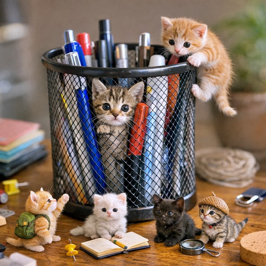 「机の上は大冒険！🎒 どんぐり帽子にリュック装備で、いざペン立てダンジョンへ出発ニャ😼✨🗺️」A whimsical scene of micro-sized kittens adventuring around a black mesh pencil holder. One wears a tiny backpack, another wears an acorn cap hat, while others read a mini book or climb the holder. 黒いメッシュのペン立ての周りで冒険する、極小サイズの子猫たち。緑のリュックを背負ったり、どんぐりの帽子を被ったり、小さな本を読んだりと、ファンタジーな装備で探検している