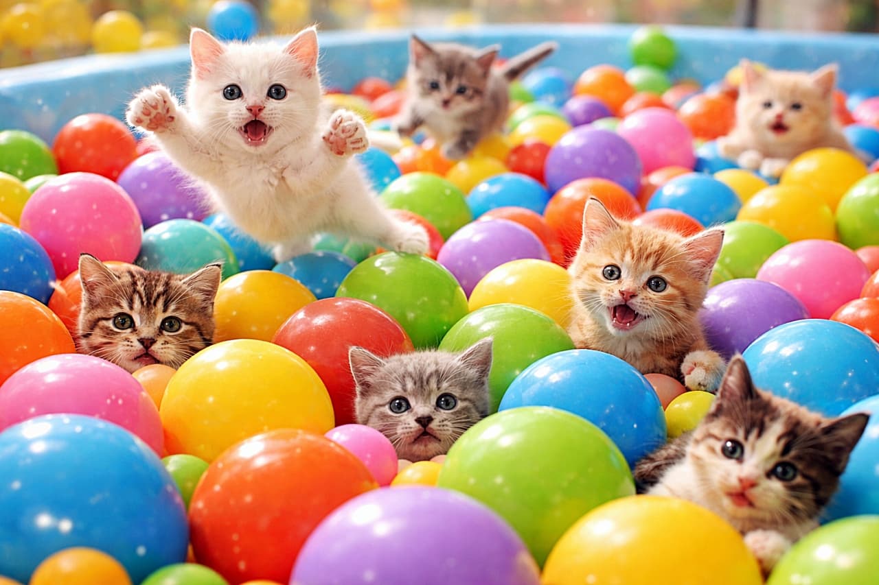「カラフルボールの海で大はしゃぎ！ちびニャンたちの大冒険タイム🐾🌈」Micro kittens diving and tumbling in a pool filled with oversized colorful toy balls, some half-buried while others pop their heads out, in bright photorealistic lighting. カラフルな大きなおもちゃボールで満たされたプールの中で、転がったり飛び込んだりする小さな子猫たち。半分埋もれたり、顔だけ出している様子が写っている明るくフォトリアルな写真