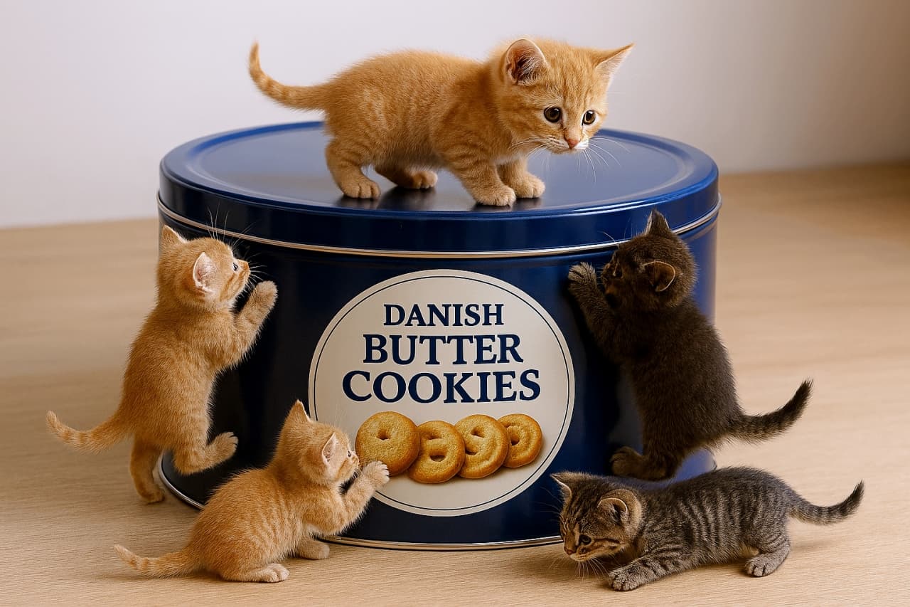 「クッキー缶は冒険の舞台！ちび猫たちの好奇心が止まらない♡」A photorealistic miniature scene of five micro kittens interacting with a large round Danish butter cookie tin. One ginger tabby walks on the closed lid, two kittens climb the sides, one paws at the label, and one chases shadows on the wooden floor. The tin is deep blue with a white label showing golden-brown cookies. Soft natural lighting and shallow depth of field enhance the realism. 閉じた蓋の上を歩く茶トラの子猫、側面をよじ登る2匹、ラベルに前足を添える1匹、床の影を追いかける1匹。深い青色の丸いクッキー缶と、リアルな質感のミニチュア風子猫たちのフォトリアルな情景です