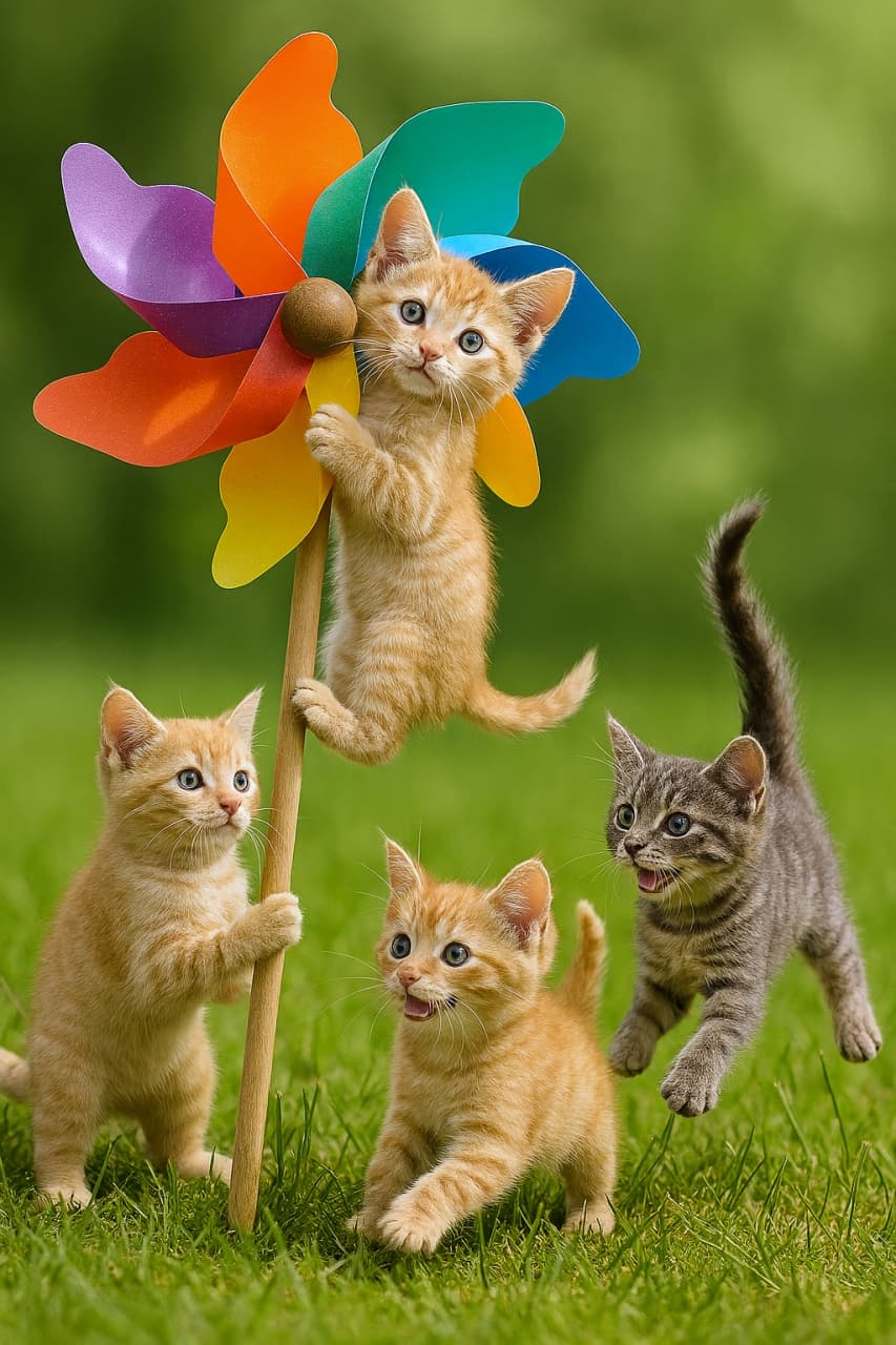 「ちびっこ旋風！風車に夢中な子猫たちの大冒険！」Five hyperrealistic micro kittens interact with a giant rainbow pinwheel in a grassy field: one hangs from an orange blade, one pushes the stick, one has its tail blown upward, and two chase it joyfully. 草原で巨大な虹色の風車と遊ぶ5匹の超リアルなマイクロ子猫たち。1匹はオレンジの羽根にぶら下がり、1匹は棒を押し、1匹は風で尻尾が跳ね上がり、2匹は楽しそうに追いかけている