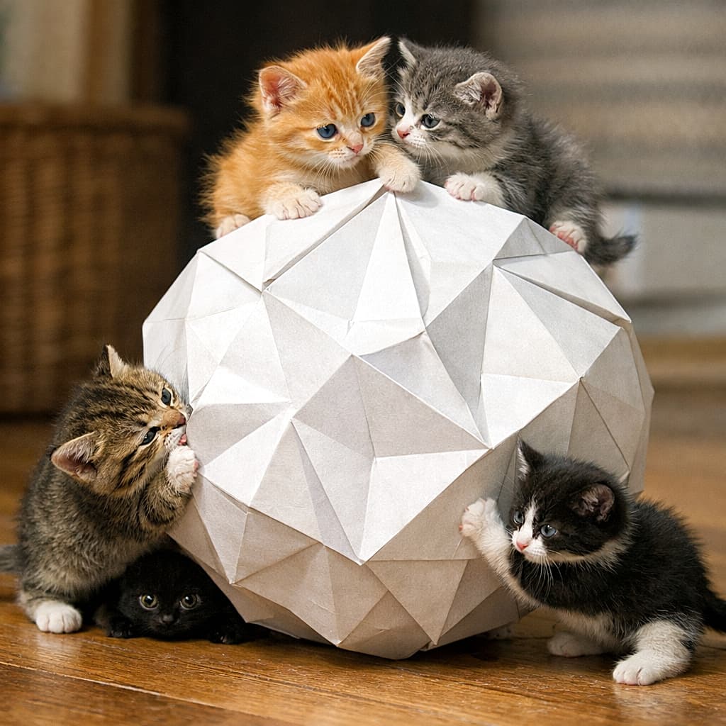 「巨大折り紙ボールで大はしゃぎ！ちび猫たちの作戦会議スタート🐾」Five tiny kittens play around a large white origami ball on a wooden floor; two balance on top, one nibbles a folded edge, one pushes to roll it, and another hides underneath in the shadow. 木の床の上で大きな白い折り紙ボールと遊ぶ小さな子猫たち。2匹が上に乗り、1匹が折り目をかじり、1匹が転がそうと押し、もう1匹が影に隠れて待ち構えている