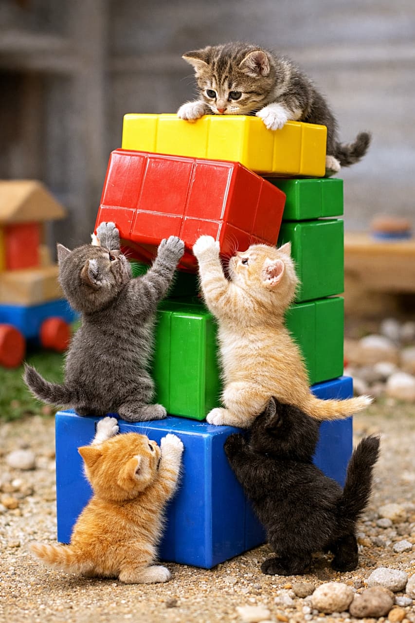「ちいさな勇者たちの本気のチームワーク大作戦！」Four tiny kittens cooperate to stack oversized colorful toy blocks in a whimsical, ultra-realistic miniature diorama scene. 小さな子猫たちが協力して巨大なカラフルな積み木を積み上げる、超リアルで可愛らしいミニチュアジオラマ風のシーン