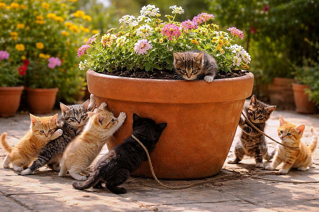 「ちびっこ猫団、力を合わせてお引っ越し大作戦！」Micro kittens push and pull a giant flowerpot across a sunny patio, working together while one kitten peeks into the soil. 晴れたパティオで、極小サイズの子猫たちが協力して大きな植木鉢を押したり引いたりし、1匹は土の中をのぞき込んでいる様子