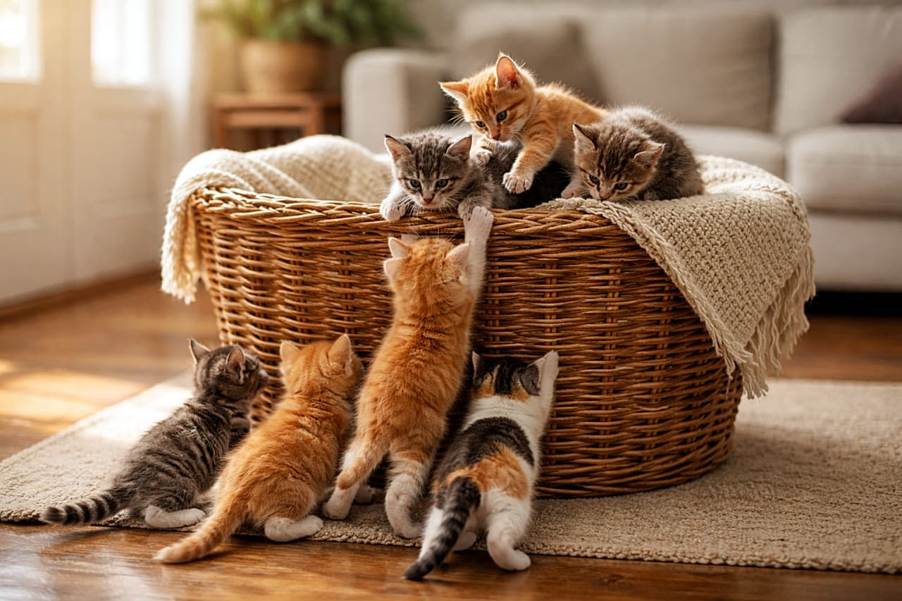 「みんなでえいっ！力を合わせてバスケット制覇するにゃんこ隊🐾🧺」Photorealistic wide shot of tiny kittens helping each other climb into a large wicker basket in a cozy sunlit living room. 日差しの入るリビングで、子猫たちが協力して大きなウィッカーバスケットによじ登る様子のフォトリアルなワイドショット