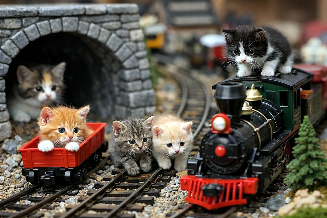 「ちいさな子猫たちの大冒険！おもちゃの列車でワクワク探検タイム🚂🐾」Five tiny kittens explore a miniature toy train set: one rides in a wagon, two walk along the tracks, one peeks from a tunnel, and one balances on top of the engine. 5匹の小さな子猫がミニチュアの鉄道模型を探検している。1匹は貨車に乗り、2匹は線路を歩き、1匹はトンネルから顔を出し、もう1匹は機関車の屋根に乗っている