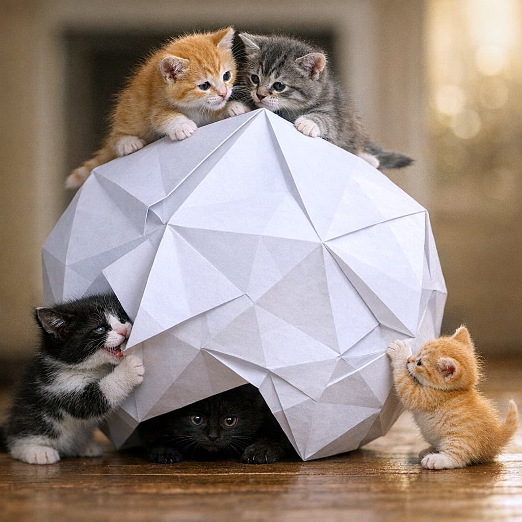 「巨大折り紙ボール攻略中！ちび猫チームの総攻撃スタート🐾」Five tiny kittens interact with a large white origami ball on a wooden floor; two balance on top, one nibbles a folded edge, one pushes the side, and a black kitten hides underneath in the shadow. 木の床の上で大きな白い折り紙ボールと遊ぶ5匹の子猫。2匹が上に乗り、1匹が折り目をかじり、1匹が横から押し、黒猫が下の影に隠れている