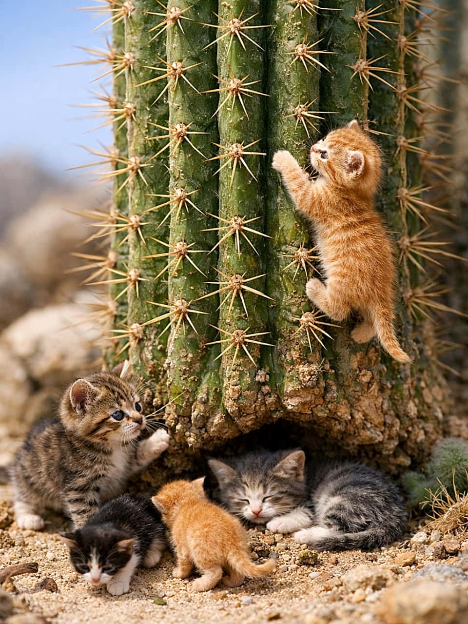 「ちいさな冒険者たち、サボテンのてっぺん目指して大冒険！🌵🐾✨」Photorealistic miniature kittens exploring a towering cactus in the desert, with one kitten climbing the cactus, two circling the base, one resting in the shade, and another cautiously staring at the spines. 砂漠にそびえる巨大なサボテンを探検するミニチュアの子猫たち。1匹はよじ登り、2匹は根元を回り、1匹は日陰で休み、もう1匹はトゲを警戒して見つめている