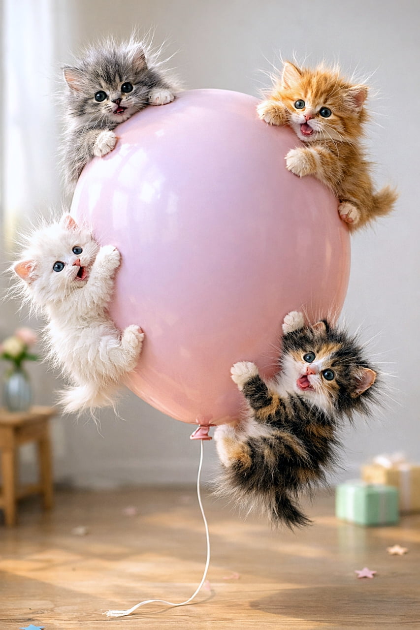 「静電気でふわ毛爆発！風船空中アドベンチャー🐾🎈」Miniature kittens clinging to a giant pastel pink balloon floating above the floor, their fur fluffed up by static electricity, hyperrealistic detail, soft daylight, whimsical diorama style. 床から浮かぶ巨大なパステルピンクの風船にしがみつくミニチュア子猫たち。静電気で毛がふわっと逆立ち、柔らかな自然光に包まれたハイパーリアルなジオラマ風シーン