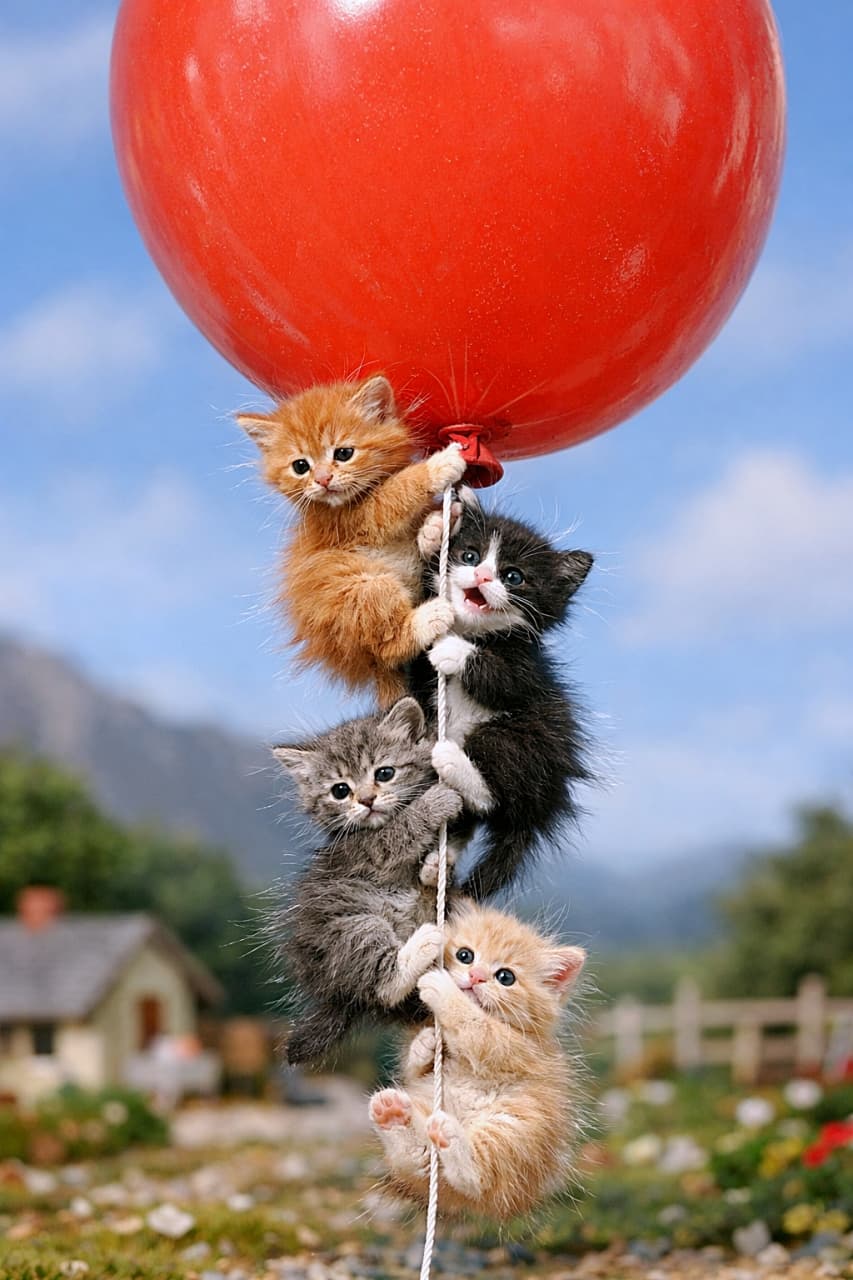 「巨大風船に必死のしがみつき隊！ふわふわ静電気レスキュー作戦発動中🐾🎈」Hyper-realistic diorama-style miniature photo of four tiny kittens desperately clinging to the string of a giant red balloon, their fur slightly lifted by static electricity, with a softly blurred countryside background. 巨大な赤い風船のひもに必死にしがみつく4匹の小さな子猫たち。静電気で毛が少し逆立ち、背景はぼかされた田園風景の超リアルなジオラマ風写真