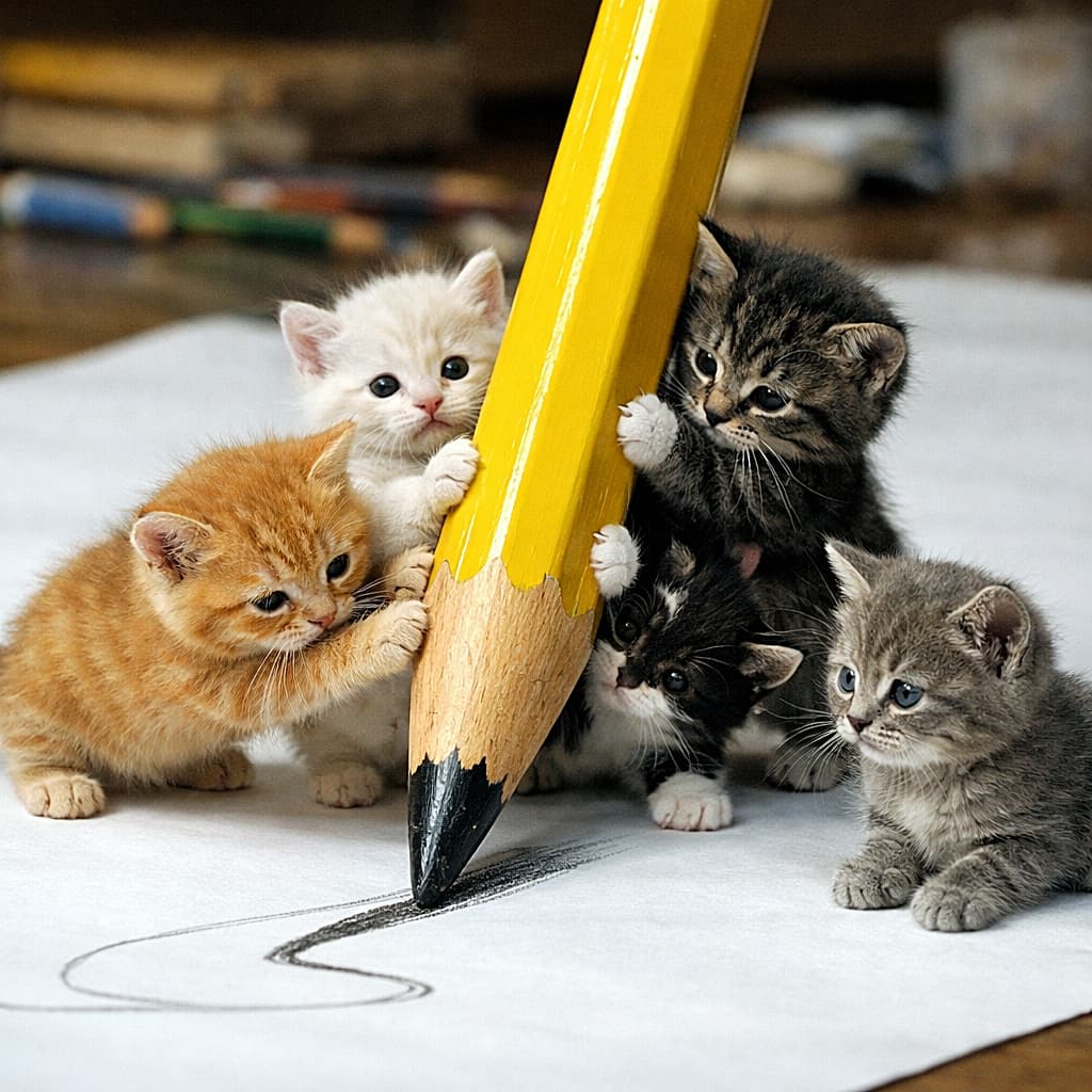 「ちいさな肉球で大きな一歩！みんなで描く、はじめてのアート🐾✏️」Five tiny kittens collaborate to draw a line with an enormous yellow pencil on a large sheet of paper, ultra-realistic and highly detailed. 巨大な黄色い鉛筆で大きな紙に線を描くため、5匹の小さな子猫たちが協力している超リアルで精細な写真風のイメージ