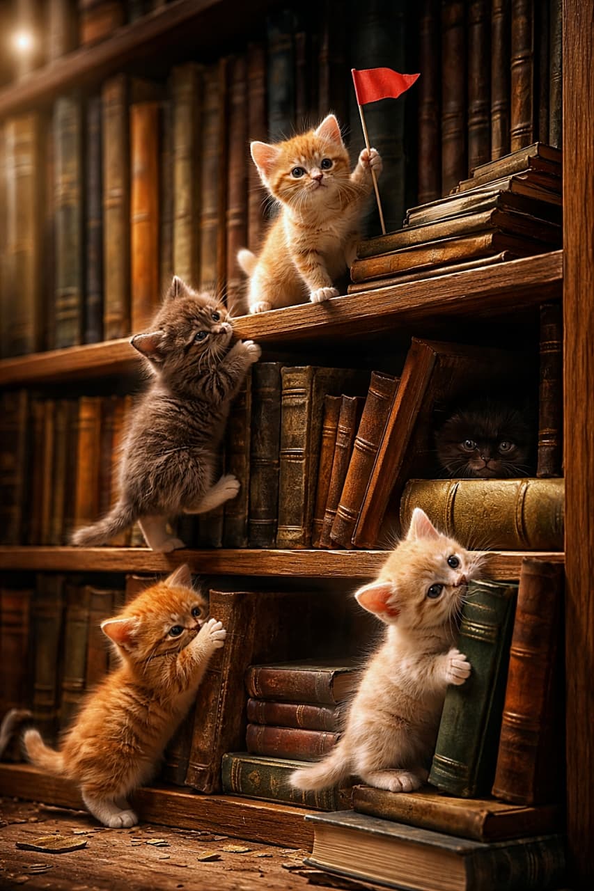 「ちいさな探検隊、知識の山を大冒険中！📚🐾」Five tiny kittens explore a gigantic wooden bookshelf in a photorealistic diorama scene; two climb the shelves, one nibbles a book spine, one peeks from the shadows, and one proudly plants a small red flag on top. 巨大な木製の本棚を冒険する5匹の子猫のジオラマ風フォトリアルな情景。2匹は棚を登り、1匹は本の背をかじり、1匹は影から覗き、1匹は頂上で小さな赤い旗を掲げている