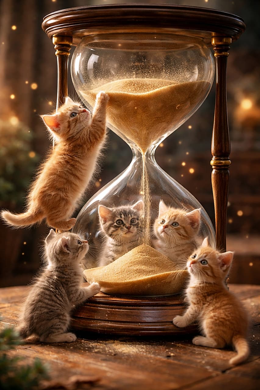 「時間の中を大冒険！子猫たちのきらめく探検タイム✨」Five tiny kittens explore a giant wooden hourglass, one reaching for the falling sand while others peer through the glass in a magical, photorealistic scene. 巨大な木製の砂時計を探検する5匹の子猫。1匹は砂に手を伸ばし、ほかの子猫たちはガラスの中をのぞき込む幻想的でリアルな光景