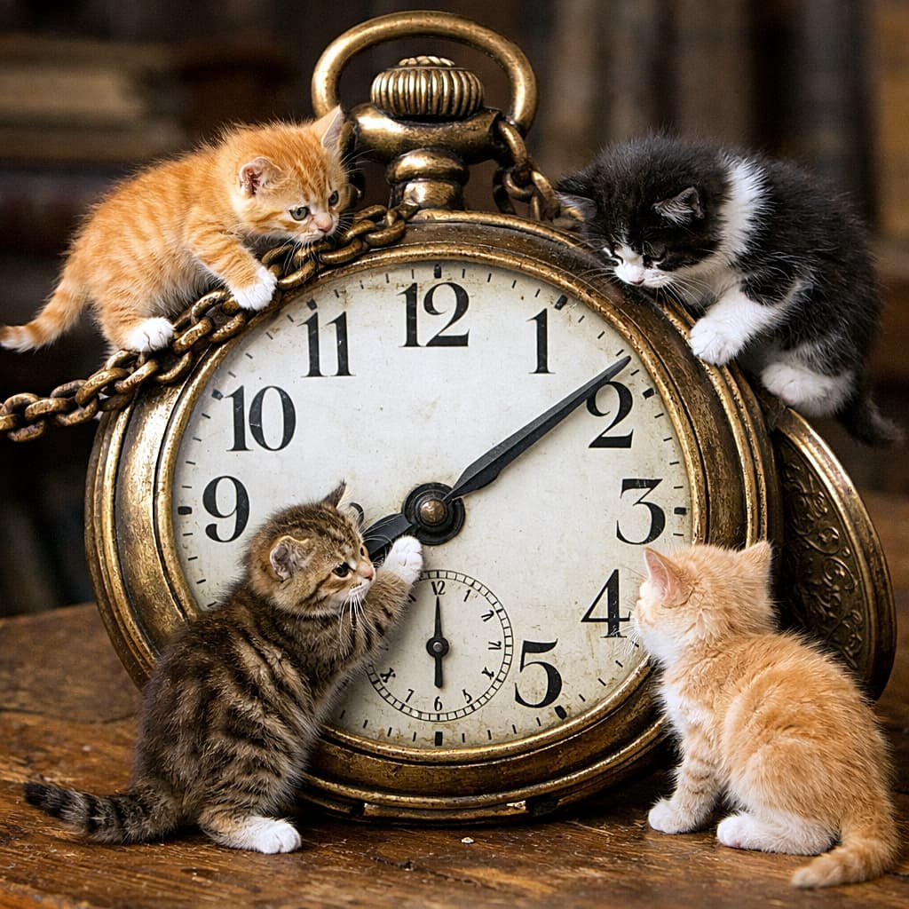 「時間のひみつ基地に迷い込んだ子猫たち🐾⏰」Four tiny kittens curiously explore a giant antique pocket watch, one pawing the clock hand, one balancing on the chain, one peering into the dial, and one examining the back in a photorealistic scene. 4匹の子猫が巨大なアンティークの懐中時計を興味津々で調べており、1匹は針に触れ、1匹は鎖に乗り、1匹は文字盤をのぞき、もう1匹は裏側を探索しているリアルな情景