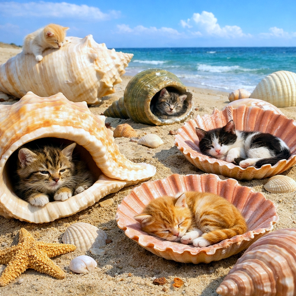 「貝殻ベッドでお昼寝タイム。子猫たちの浜辺の小冒険🐚🐾」Tiny kittens explore a sunny beach, hiding inside giant spiral seashells and napping in scallop shells beside the ocean.　巨大な巻き貝やホタテの殻の中で、子猫たちが浜辺を探検したり眠ったりしている様子