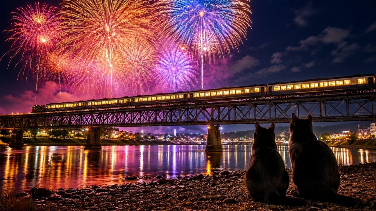 「たまや〜!🎆✨ 夏の夜空を彩る大迫力の花火と、光の帯になって鉄橋を渡る列車の競演🚂 涼しい川辺で見上げる黒猫ちゃんたちも特等席だね🐈⬛ #花火大会 #夏の夜」An ultra-realistic high-quality photograph of two black cat silhouettes watching a spectacular colorful fireworks display over a river, with an illuminated train crossing a truss bridge in the middle ground. 夜空を彩る色鮮やかな特大の花火と、川に架かる鉄橋を渡るライトアップされた列車。その壮大な景色を川辺で見上げる2匹の黒猫のシルエット