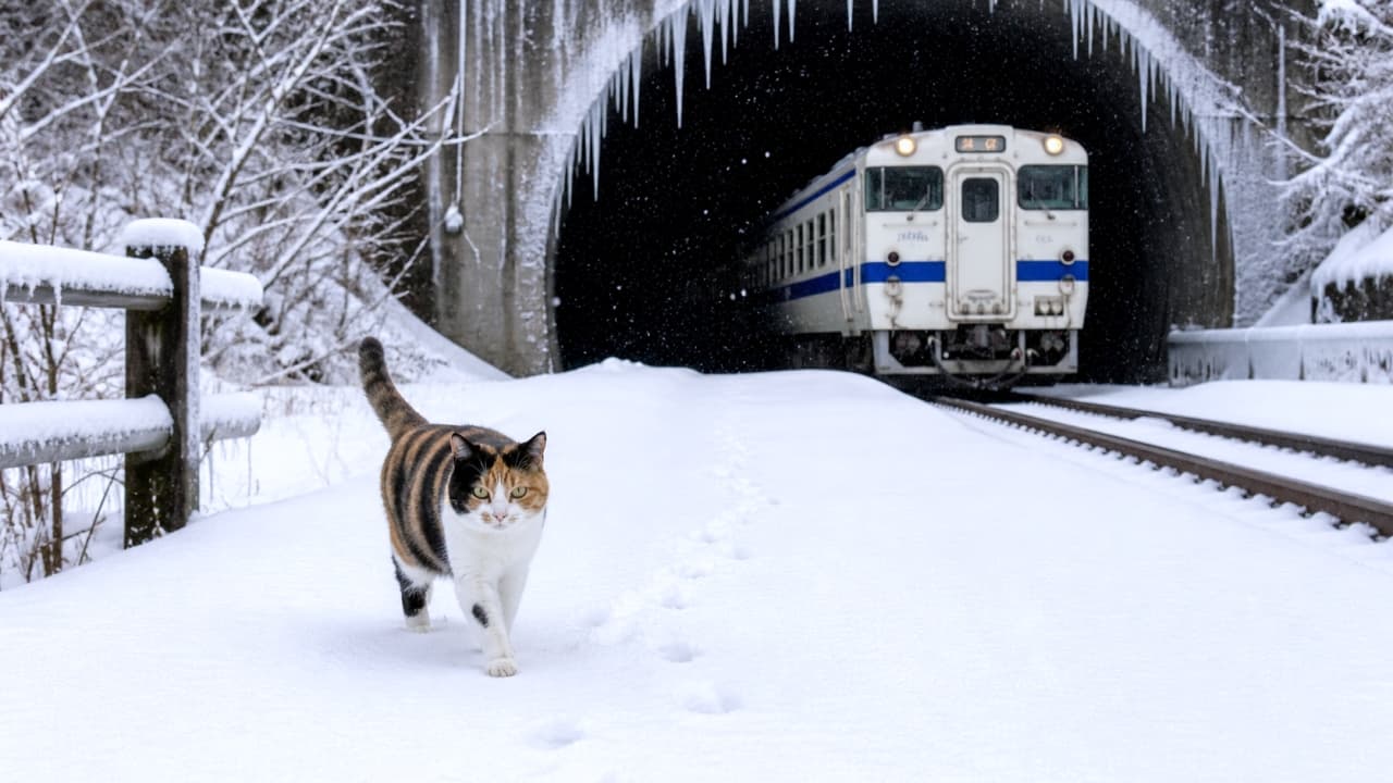 「トンネルから現れる列車を背に、雪の上をランウェイのように歩く三毛猫ちゃん🐈✨足跡もとってもキュートですね🐾❄️」Ultra-realistic high-quality photograph of a calico cat confidently walking on a snow-covered platform, with a train emerging from a dark tunnel in the background. 雪の積もった駅のホームをこちらに向かって堂々と歩いてくる三毛猫の高画質な写真。背景のトンネルからは雪をまとった列車が姿を現している