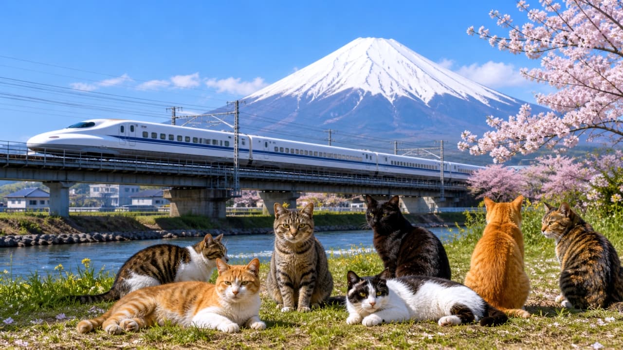 「富士山🗻×桜🌸×新幹線🚄!日本の春の絶景を特等席で満喫する猫ちゃんたち🐈✨のどかな空気に癒やされますね🌱」Ultra-realistic high-quality photograph of various domestic cats relaxing on a grassy riverbank with blooming cherry blossoms, a passing Shinkansen bullet train, and snow-capped Mount Fuji in the background. 満開の桜と雪化粧をした富士山、そして走る新幹線を背景に、川辺の草むらでくつろぐ様々な毛色の猫たち(キジトラ、茶トラ、黒猫など)の高画質な写真