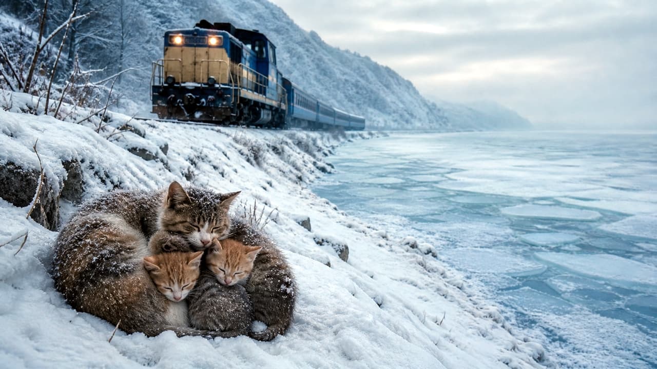 「厳しい寒さの中でも、家族の絆はぽっかぽか🐈⬛🐈💕雪と氷の世界で身を寄せ合う親子猫の姿に胸が熱くなりますね❄️🚂」Ultra-realistic high-quality photograph of a tabby mother cat and two ginger kittens huddling together for warmth on a snow-covered riverbank next to frozen ice, with a blue train passing in the background. 凍てつく川と雪に覆われた過酷な冬の景色の中、身を寄せ合って暖をとるキジトラの親猫と二匹の茶トラの子猫の高画質な写真。奥には青い列車が走っている