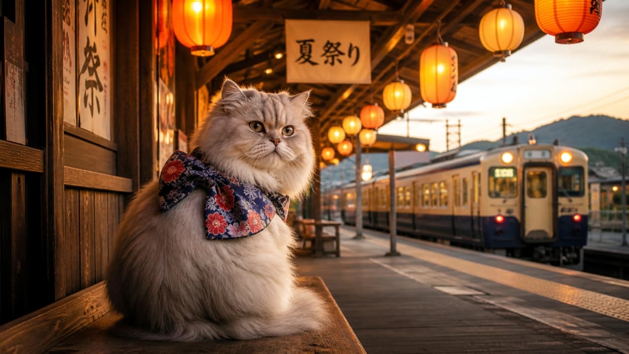 「夏祭りの夜が待ち遠しいね🏮🎆 花柄の大きなリボンでおめかしした猫ちゃんと、提灯の温かい灯りがノスタルジックな夏の夕暮れ🐈👘 #夏祭り #駅の風景」An ultra-realistic high-quality photograph of a fluffy white cat wearing a floral ribbon sitting on a wooden bench at a traditional Japanese train station, illuminated by warm summer festival lanterns with a local train at the platform. 大きな花柄のリボンをつけた長毛の白猫が、木造の駅舎のベンチに座っている風景。「夏祭り」と書かれた看板や赤い提灯が灯り、奥にはローカル列車が停車している