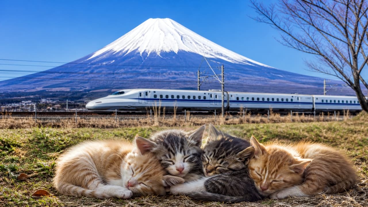 「富士山と新幹線に見守られながら、春の日差しでお昼寝タイム💤🐈子猫たちの無防備な寝顔に究極の癒やしをもらえますね🌸🗻」Ultra-realistic high-quality photograph of four cute kittens sleeping tightly together on a grassy field, with a passing Shinkansen bullet train and Mount Fuji under a clear blue sky in the background. 雄大な富士山と走る新幹線を背景に、春の暖かな日差しを浴びて枯れ草の上で団子のように身を寄せ合って眠る4匹の子猫(茶トラ、キジトラなど)の高画質な写真