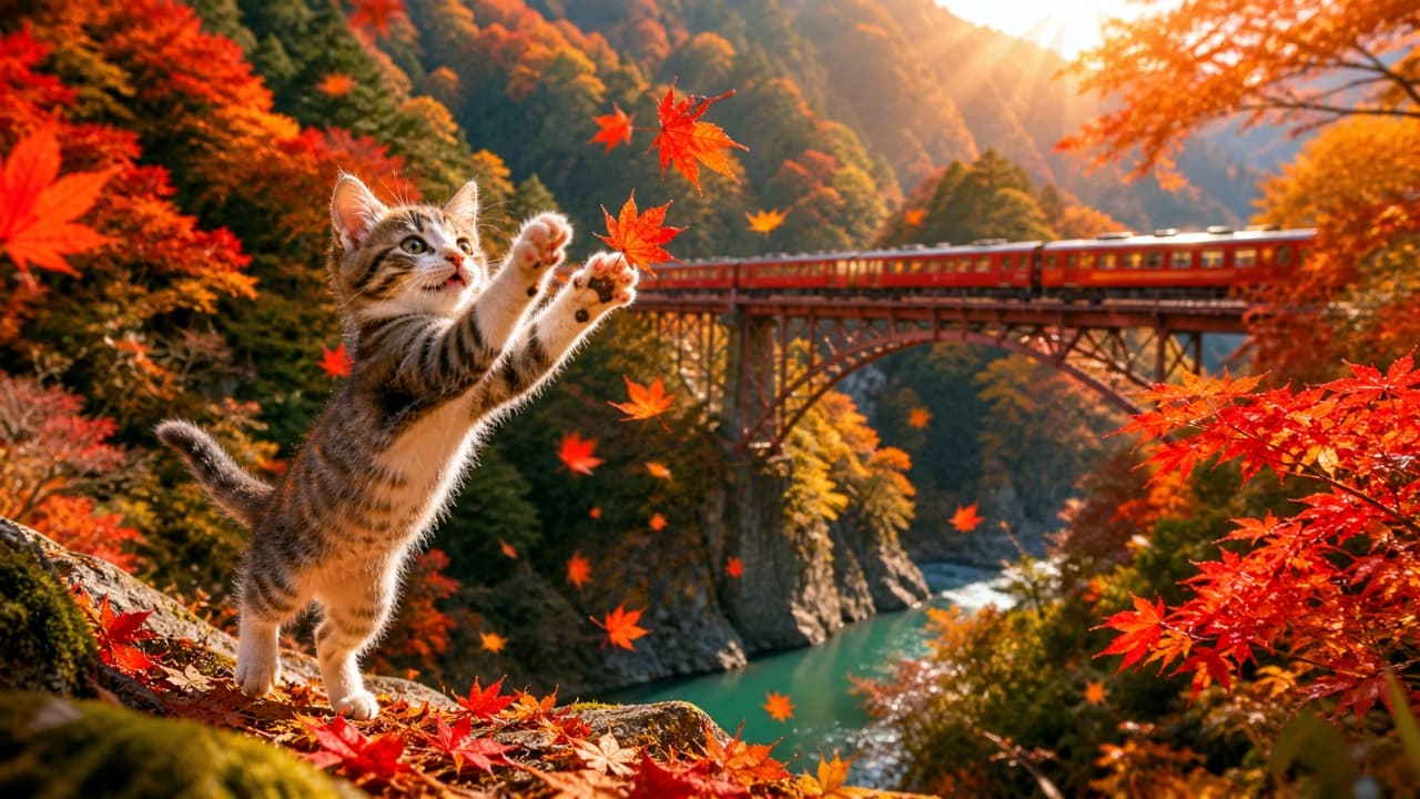 「ひらひら舞うもみじ、捕まえられるかな?🍁🐾秋の絶景と無邪気な子猫の組み合わせが最高にキュートです!🚂✨」Ultra-realistic high-quality photograph of a playful tabby kitten standing on a rock, catching falling red maple leaves, with a red train crossing a bridge over a gorge in the background. 鮮やかな紅葉の渓谷。苔むした岩の上に立ち、舞い散る真っ赤なもみじの葉に前足を伸ばして遊ぶキジトラの子猫。背景には鉄橋を渡る赤い列車が写っている、動きのある高画質写真