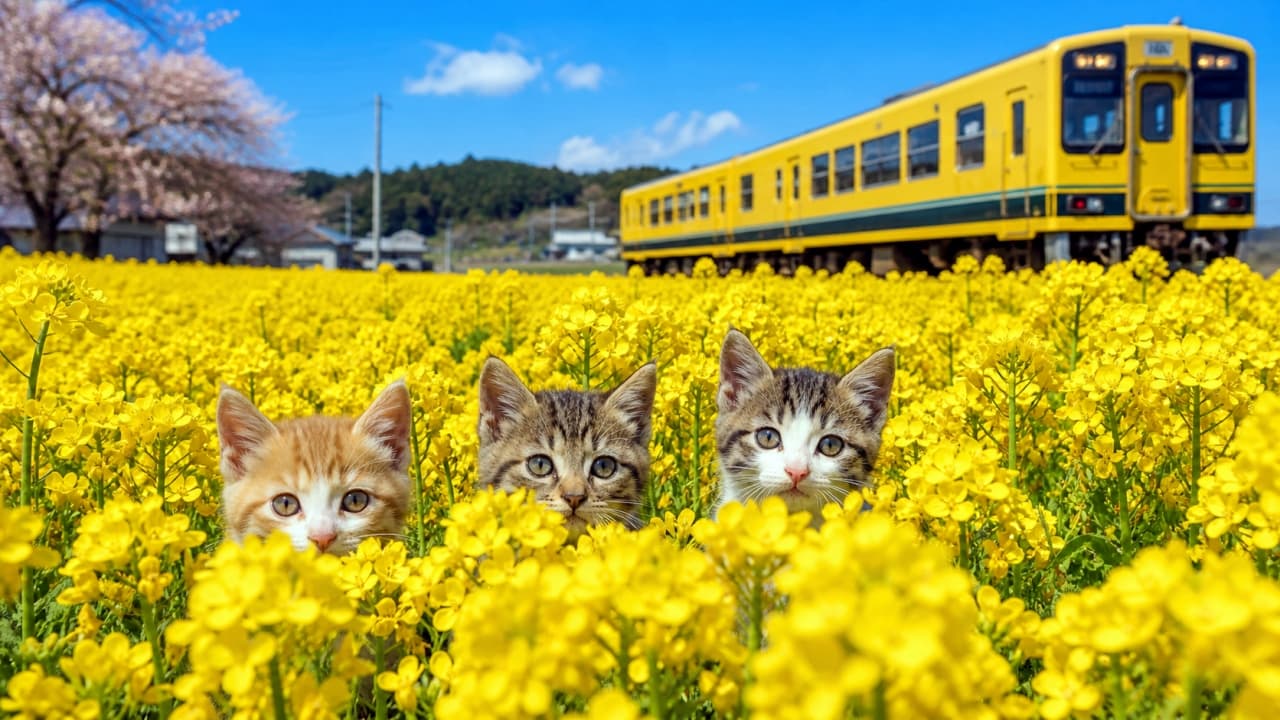 「菜の花畑でかくれんぼニャ!🌼😸 後ろを通る黄色い電車とお揃いカラーで春を満喫中✨ #菜の花 #子猫のいる生活」Ultra-realistic high-quality photograph of three adorable kittens peeking out from a field of yellow canola flowers, with a yellow local train passing under a blue sky. 満開の黄色い菜の花畑からひょっこり顔を出す3匹の子猫たち。背景には青空と黄色いローカル列車が走っている、春らんまんの高品質な写真