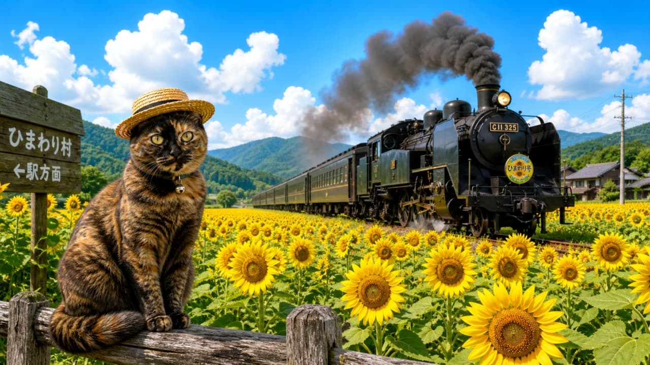 「夏真っ盛り!🌻🚂 麦わら帽子がお似合いの猫ちゃんと、力強く走るSL列車のコラボが夏休みの冒険みたいでワクワクするね👒🐈 #ひまわり #SL」An ultra-realistic high-quality photograph of a tortoiseshell cat wearing a straw hat sitting on a wooden fence, with a blooming sunflower field and a passing steam locomotive in the background under a blue summer sky. 麦わら帽子を被ったサビ猫が木柵に座っている風景。背景には満開のひまわり畑と、青空の下を黒煙を上げて走るSL列車(蒸気機関車)が写っている