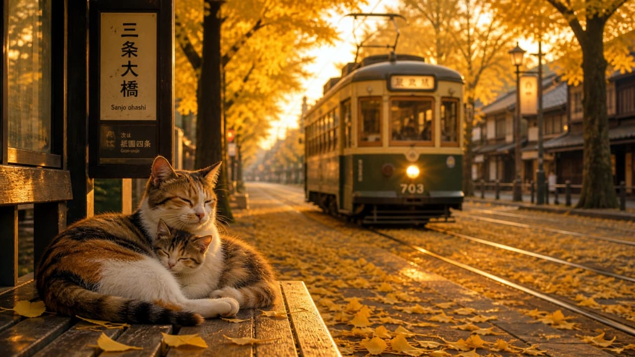 「秋の夕暮れ時、寄り添って電車を待つ仲良しニャンコたち🚃💛イチョウの絨毯がロマンチックですね🍂🐈」Ultra-realistic high-quality photograph of a calico cat and a tabby kitten cuddling on a wooden bench at a station at sunset, with a vintage green tram approaching through autumn foliage. イチョウの落ち葉が広がる夕暮れの駅のベンチで、身を寄せ合って眠る三毛猫とキジトラの子猫。背景にはヘッドライトを点灯させたレトロな路面電車が近づいてくる高画質写真