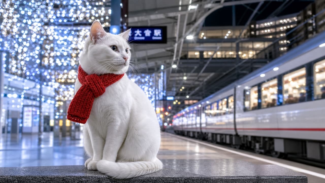 「キラキラの駅のホームで誰を待っているのかな?🧣✨赤いマフラーが似合う白猫ちゃんの、ロマンチックな冬の夜景ポートレート🐈❄️」Ultra-realistic high-quality photograph of a beautiful white cat wearing a knitted red scarf, sitting on a train station platform with winter illuminations and a train in the background. 青と白の冬のイルミネーションが輝く夜の駅のホームで、赤い手編みのマフラーを巻いてお座りをする美しい白猫の高画質な写真。背景には電車が停車している