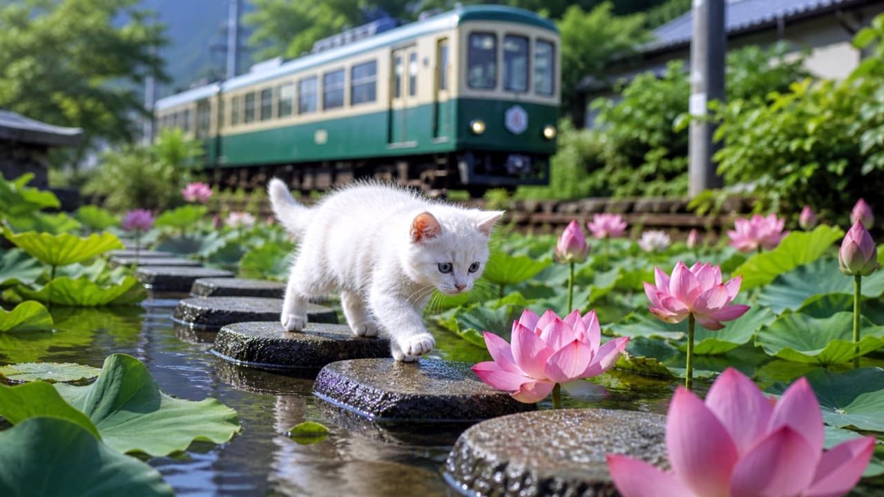 「落ちないように気をつけて!🐾 ピンクの蓮の花が咲く池で、飛び石をぴょんぴょん渡る白猫の赤ちゃんが可愛すぎる🪷🐈 背景のレトロ電車も素敵🚃 #蓮 #子猫 #お散歩」An ultra-realistic high-quality photograph of a cute white kitten walking on stepping stones in a pond filled with blooming pink lotus flowers, with a retro green train passing in the background. 満開のピンクの蓮の花が咲く池で、飛び石の上を慎重に歩く白い子猫。背景には緑色のレトロなローカル線が走っている、明るく爽やかな風景
