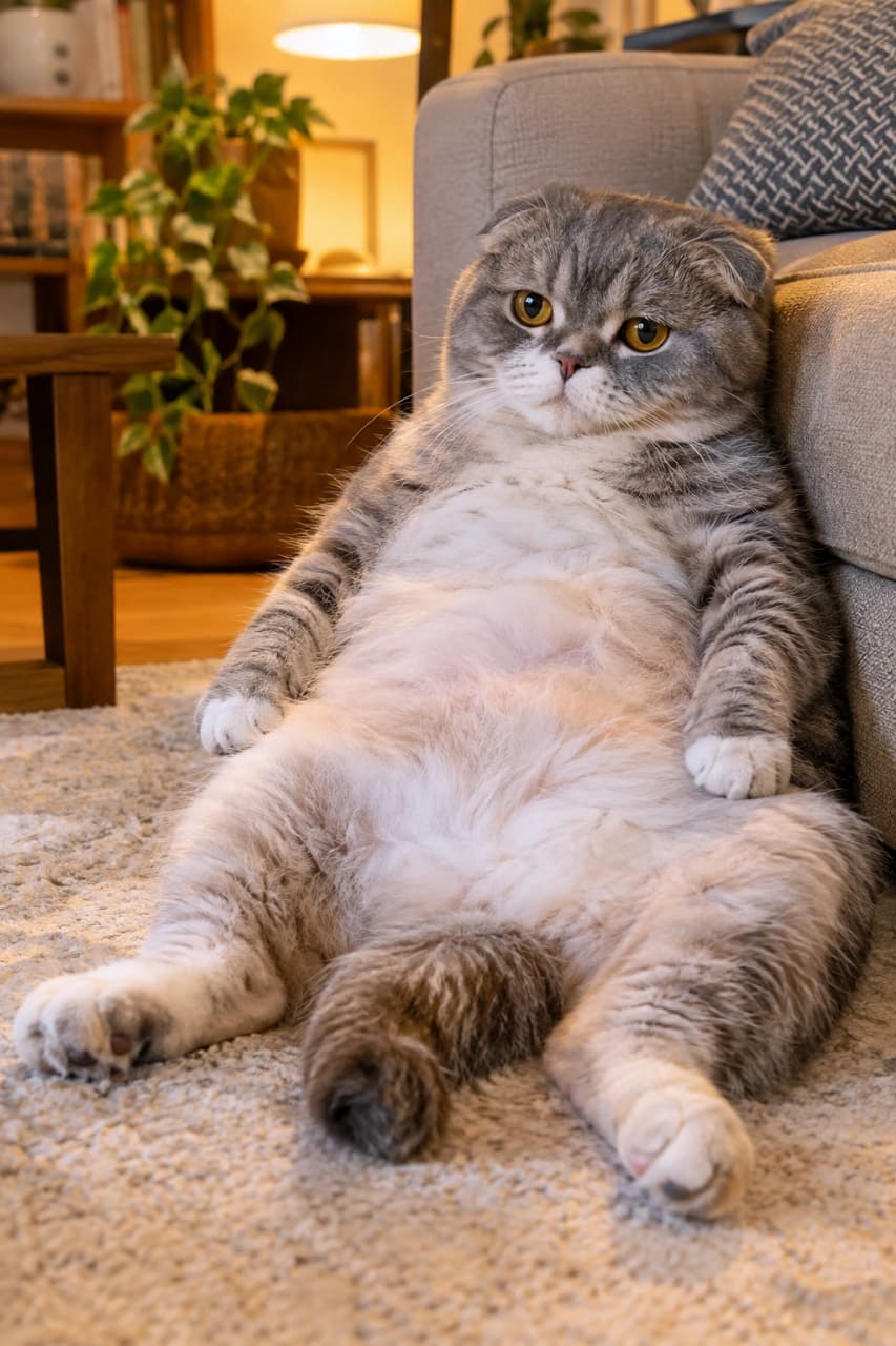 「「え、何見てんの?」って感じの、このだらけきったスコ座り🐾金曜日の夜の私かな?😂 #猫 #スコティッシュフォールド #猫のいる生活 #スコ座り #だらけ猫 #癒し」An ultra-realistic high-quality 8k photograph of an adult Scottish Fold cat with blue tabby and white fur, sitting in a fully relaxed, "sloppy Buddha sit" against a grey sofa on a textured carpet in a cozy living room. The cat's belly is completely exposed, hind legs are spread forward, and front paws are on its belly. It gazes at the camera with large golden eyes and an extremely relaxed, slightly lazy expression. Highly detailed textures of the fur, the sofa fabric, and the carpet are captured under warm ambient lighting. Background elements include potted plants and wooden shelving. 温かみのあるオレンジ色の間接照明に照らされた居心地の良いリビングルームで、ブルー(グレー)タビーの成猫のスコティッシュフォールドが、ソファの角にもたれてカーペットの上に「だらしないブッダ座り(スコ座り)」をしている。お腹を完全に丸出しにし、後脚を前方に投げ出し、前脚はお腹の上に置いている。金色の瞳でカメラをじっと見つめており、極度にリラックスし、少し怠惰な表情。お腹の白い毛や体のタビー模様の質感が非常に詳細に描写されている。背景には観葉植物や木製の棚が見える
