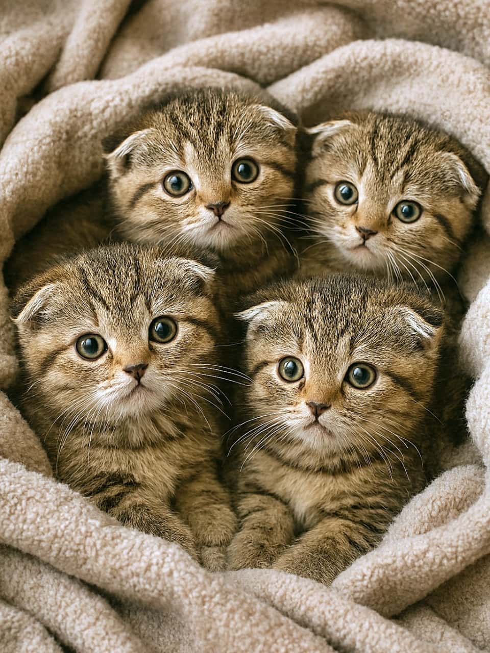 「折れ耳4きょうだい、毛布でぎゅっとぬくぬく大集合♡」Four Scottish Fold tabby kittens nestled closely together in a beige fleece blanket, their folded ears and round eyes forming a tight, cozy cluster. ベージュのフリース毛布に寄り添って並ぶスコティッシュフォールドの子猫4匹。折れ耳とまん丸の瞳がぎゅっと集まった、温かい雰囲気の一枚