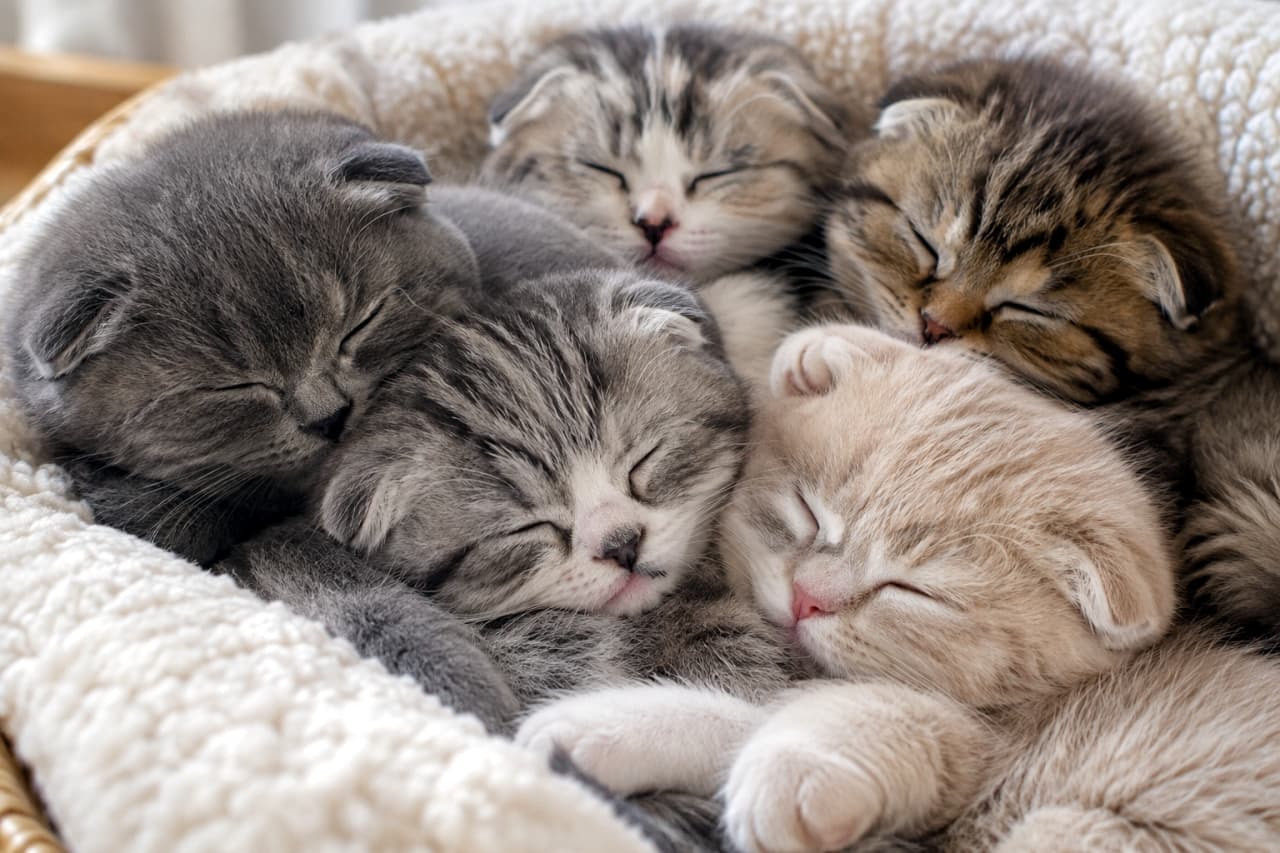 「もふもふの大渋滞が発生中🚨☁️色んな柄の子猫ちゃんたちがギュッとくっついて眠る姿は、まさに幸せの塊です!」Ultra-realistic high-quality photograph of five Scottish Fold kittens sleeping peacefully huddled together like a ball in a fluffy white bed. Their diverse coat colors, including blue tabby, silver tabby, and brown tabby, along with their completely relaxed and happy sleeping faces, provide ultimate healing. ふかふかの白いベッドの中で、団子のようにギュッと身を寄せ合ってスヤスヤ眠る5匹のスコティッシュフォールドの子猫たち。ブルータビー、シルバータビー、ブラウンタビーなど個性豊かな毛色と、安心しきった幸せそうな寝顔が究極の癒やしを与えます