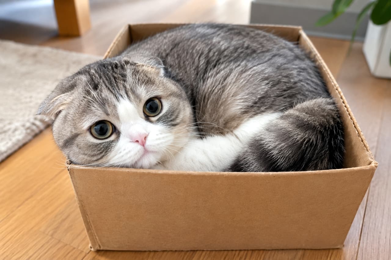 「箱があると絶対に入っちゃう猫の習性最高📦✨このジャストフィット感、ずっと眺めていられますね!」Ultra-realistic high-quality photograph of a Scottish Fold cat with folded ears perfectly curled up inside a brown cardboard box on a wooden floor. The beautiful silver tabby and white coat fits the rectangular shape of the box, and its large round eyes looking up create an adorable expression. Houseplants and furniture legs are captured with a natural bokeh in the background. フローリングの床に置かれた茶色い段ボール箱の中に、体を丸めてすっぽりと収まっている折れ耳のスコティッシュフォールド。シルバータビーとホワイトの美しい被毛が箱の四角い形にフィットし、上目遣いの大きな丸い瞳が愛らしい表情を作っています。背景には観葉植物や家具の脚が自然なボケ味で写り込んでいます