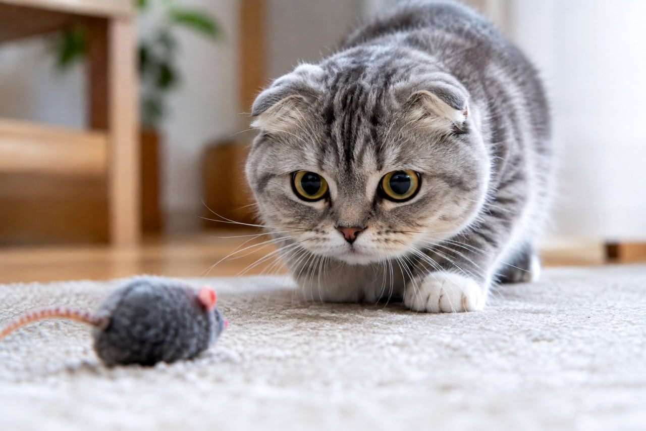 「狙った獲物は逃さないにゃ🔥✨お尻をフリフリする直前の、全集中ハンターモード発動中です!」Ultra-realistic high-quality photograph of a Scottish Fold cat crouching low on a rug, intensely stalking a gray toy mouse in the foreground. Its large, dilated eyes and round silver tabby face convey the tension of a hunter, with background furniture adding depth to the scene. ラグの上で身を低くし、手前にあるグレーのネズミのおもちゃを真剣な表情で狙っている折れ耳のスコティッシュフォールド。シルバータビーの丸い顔と、黒目がちになった大きく見開いた瞳からハンターの緊張感が伝わります。背景の家具が奥行きを生む臨場感ある構図