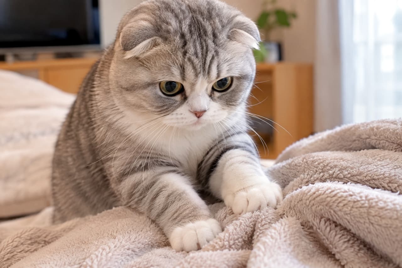 「今日もパン職人のお仕事お疲れ様です🍞🐾ふみふみする真剣なお顔がたまらなく愛おしい瞬間!」Ultra-realistic high-quality photograph of a Scottish Fold cat with a silver tabby and white coat diligently kneading a fluffy beige blanket with its front paws. Its serious expression contrasts with its adorable white paws, all wrapped in soft indoor lighting. ふわふわのベージュの毛布の上に乗り、真剣な眼差しで「ふみふみ」と前足を押し付けている折れ耳のスコティッシュフォールド。シルバータビーとホワイトの被毛が室内の柔らかな光に包まれ、白くて丸い前足の愛らしさと職人のような集中した表情が対照的