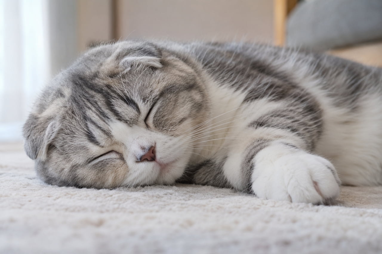 「スヤスヤと寝息が聞こえてきそうな極上の寝顔💤☁️今日も一日お疲れ様、と一緒に夢の中へ行きたくなりますね」Ultra-realistic high-quality photograph of a Scottish Fold cat sleeping comfortably on its side with its eyes closed on a fluffy white rug. Its soft silver tabby and white coat blends into the texture of the rug, while its pink nose and front paw sticking out gently convey a sense of security. It expresses a peaceful afternoon slumber bathed in natural light. ふかふかの白いラグの上で、気持ちよさそうに目を閉じて横向きに眠るスコティッシュフォールド。シルバータビーとホワイトの柔らかな被毛がラグの質感に溶け込み、ピンク色のお鼻と、ちょこんと前に出した前足が安心感を伝えます。自然光が差し込む穏やかな午後のまどろみを表現