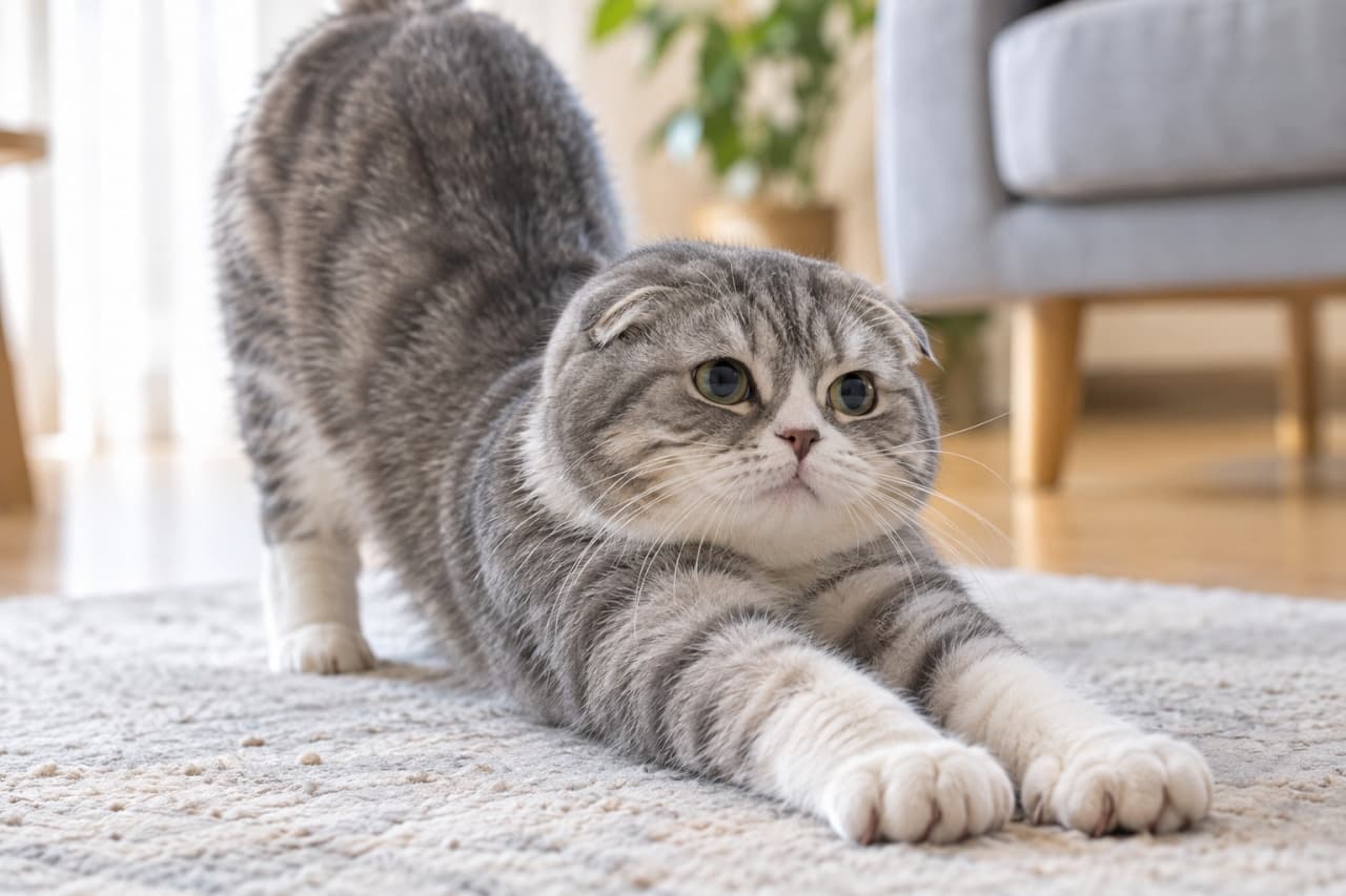 「ヨガマスターも顔負けの完璧なポーズ🧘♀️🐾ぐーんと伸びをして、今日も元気いっぱいに遊ぶ準備万端です!」Ultra-realistic high-quality photograph of a Scottish Fold cat stretching on a soft living room rug, extending its front paws straight out and raising its hindquarters high. The stripes on its silver tabby back stretch beautifully, emphasizing its white-socked front paws. A scene combining dynamism and relaxation as it loosens its body with a serious face. リビングの柔らかなラグの上で、前足を真っ直ぐに伸ばしてお尻を高く上げるポーズでストレッチをする折れ耳のスコティッシュフォールド。シルバータビーの背中の縞模様が美しく伸び、白い靴下を履いたような前足が強調されています。真面目な顔つきで体をほぐす、躍動感とリラックス感が同居するシーン